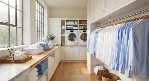 A clean, professional laundry studio with racks of crisp white and blue shirts hanging perfectly spaced. Soft morning sunlight filters through large windows.