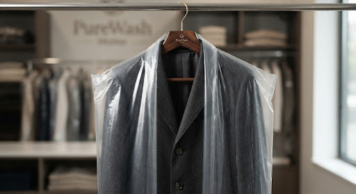 A luxury wool coat hanging on a high-quality wooden hanger with a protective plastic cover.