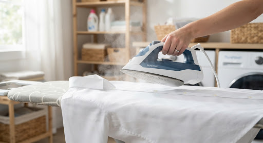 A professional steam iron glides over a crisp cotton shirt on a padded ironing board.