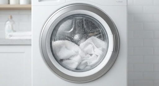 Close-up of a high-end washing machine with water droplets on the glass door and white linen inside.
